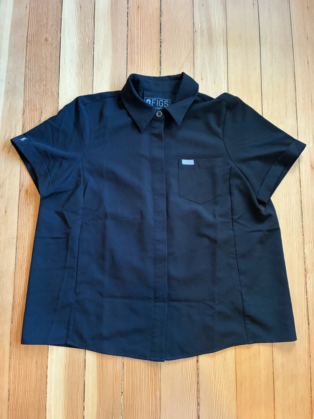 FIGS Women's Black Short Sleeve Button Front Top